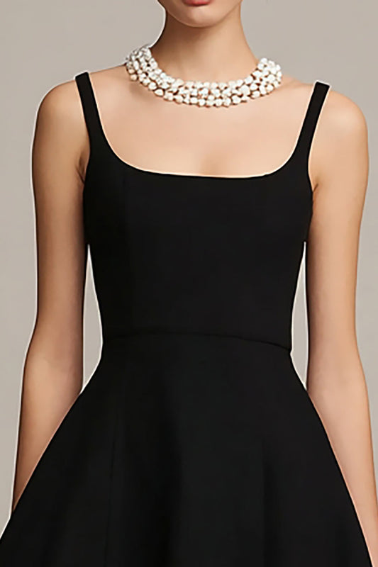 Simple Black Satin A Line Scoop Neck Mini Cocktail Dress