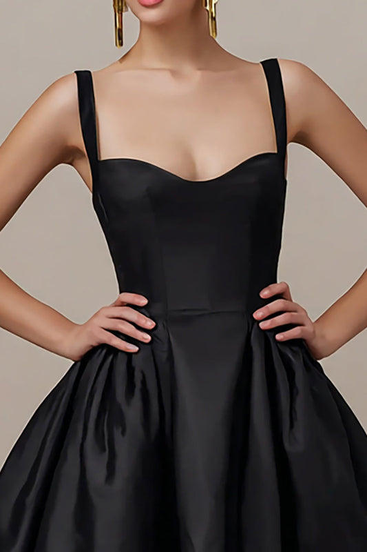 Simple Black Satin Spaghetti Straps A Line Mini Cocktail Dress
