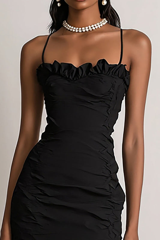 Black Spaghetti Straps Tight Mini Cocktail Dress with Ruffles