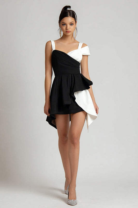 Black and White Asymmetrical Mini A Line Cocktail Dress with Ruffles