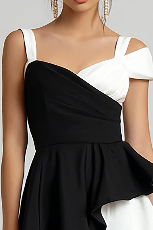 Black and White Asymmetrical Mini A Line Cocktail Dress with Ruffles