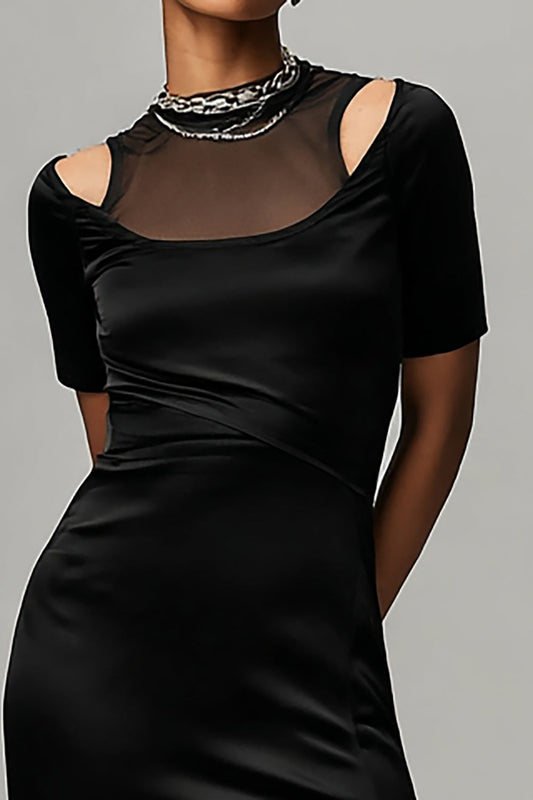 Black Illusion Neck Satin Sheath Asymmetrical Cocktail Dress