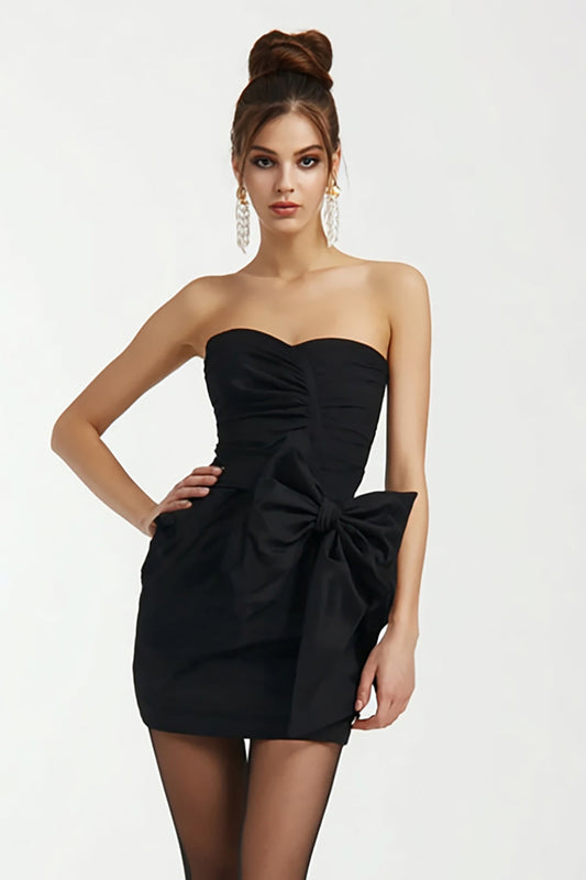 Black Satin Sweetheart Bodycon Mini Cocktail Dress with Bow