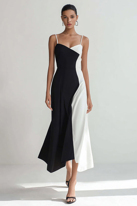 Patchwork Black and White Spaghetti Straps Long Formal Dress