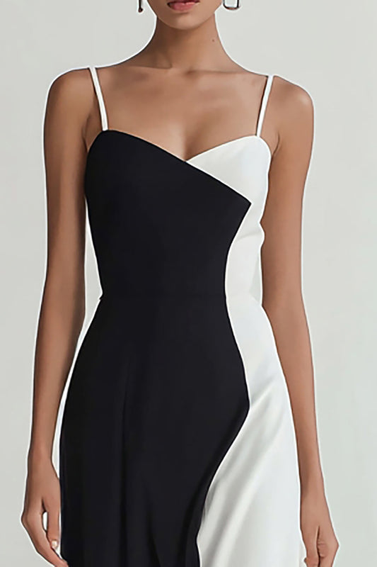 Patchwork Black and White Spaghetti Straps Long Formal Dress