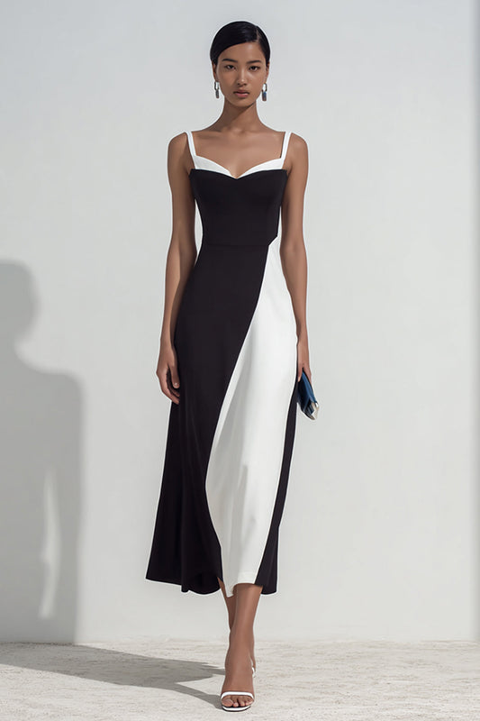 Black and White Sheath Spaghetti Straps Patchwork Maxi Formal Dress