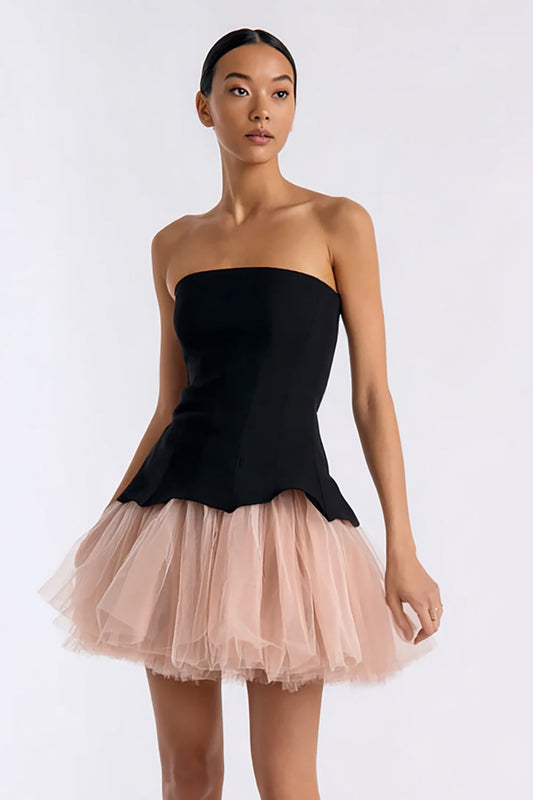 Simple Black and Pink Tulle A Line Strapless Short Cocktail Dress