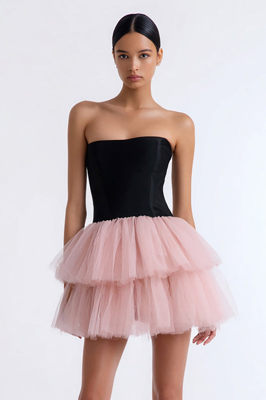 Black and Pink A Line Strapless Tiered Tulle Short Cocktail Dress