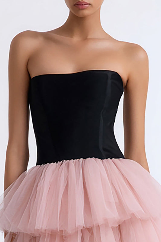 Black and Pink A Line Strapless Tiered Tulle Short Cocktail Dress