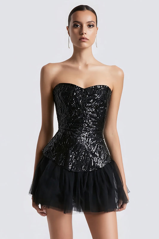 Sparkly Sweetheart Sequins Bodycon Little Black Dress with Tulle