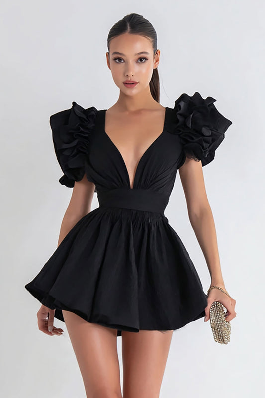 A Line V Neck Short Little Black Dress with Ruffles