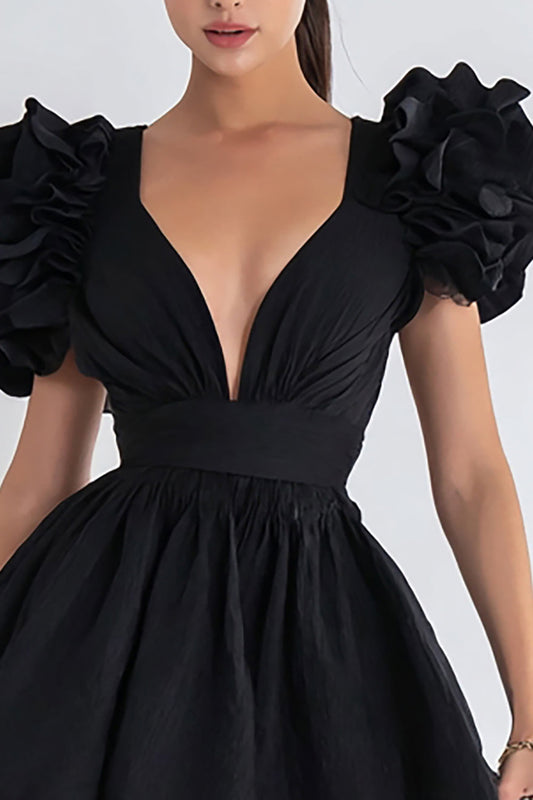 A Line V Neck Short Little Black Dress with Ruffles