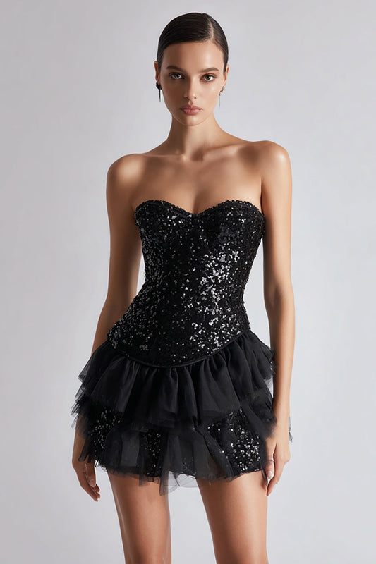 Sparkly Sweetheart Sequins A Line Short Little Black Dress