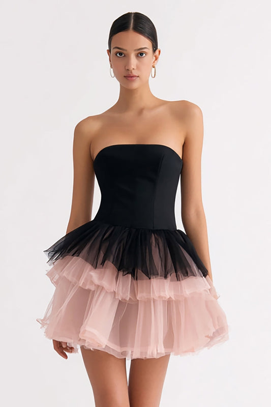 Black and Pink Tiered A Line Strapless Tulle Short Cocktail Dress