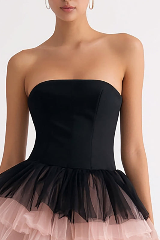 Black and Pink Tiered A Line Strapless Tulle Short Cocktail Dress