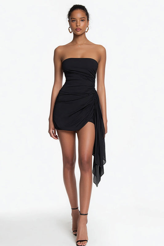 Simple Strapless Bodycon Chiffon Little Black Dress with Ruffles