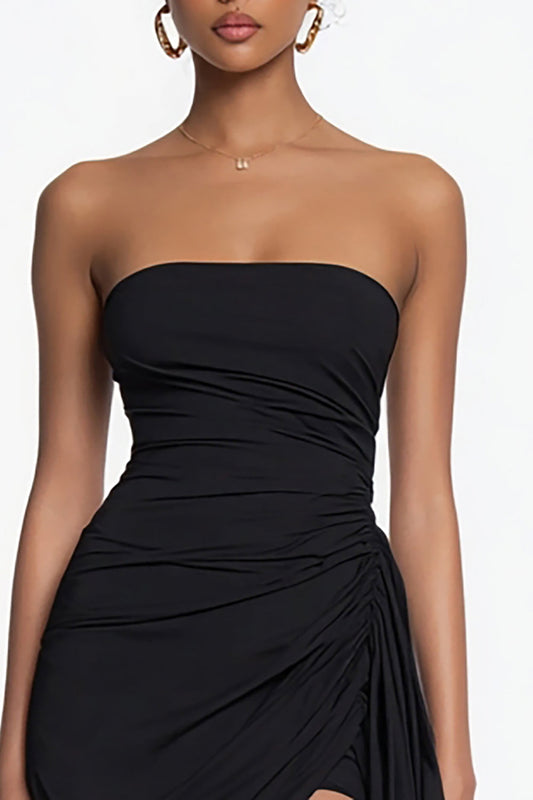 Simple Strapless Bodycon Chiffon Little Black Dress with Ruffles