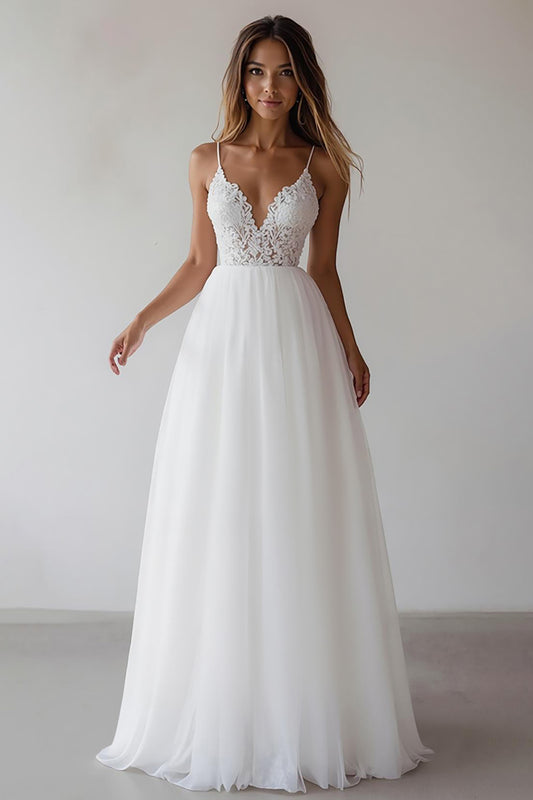 White Spaghetti Straps A Line Maxi Rehearsal Dinner Dress with Lace