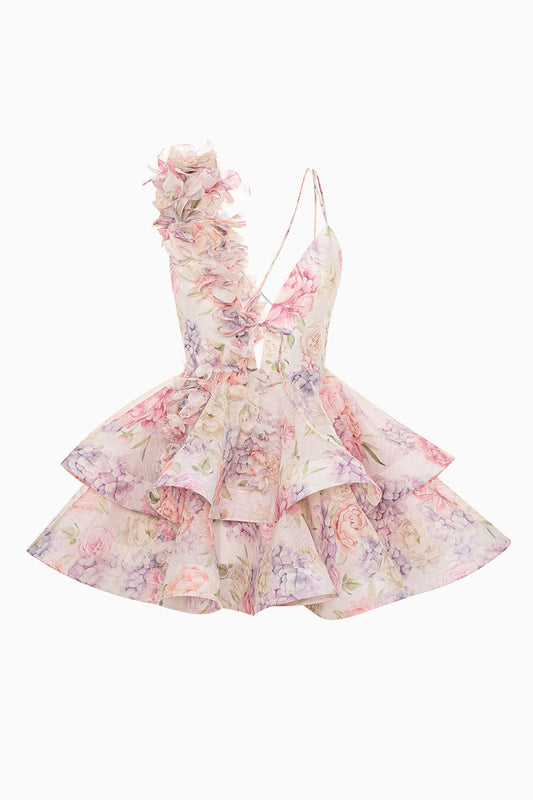 Pink Floral Tiered A Line Short Homecoming Dress with Ruffles