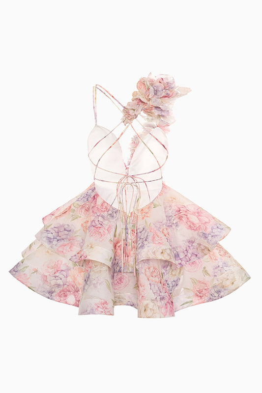 Pink Floral Tiered A Line Short Homecoming Dress with Ruffles