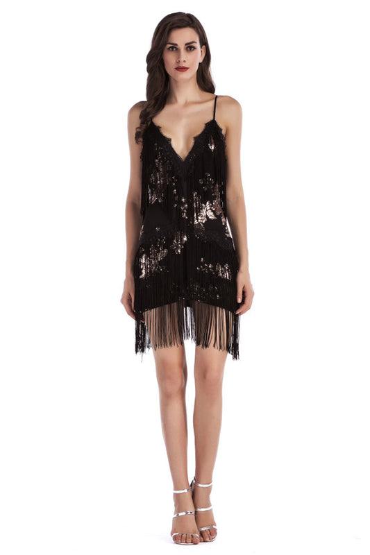 Sparkly Black Tiered Short Tight Homecoming Dress with Fringes