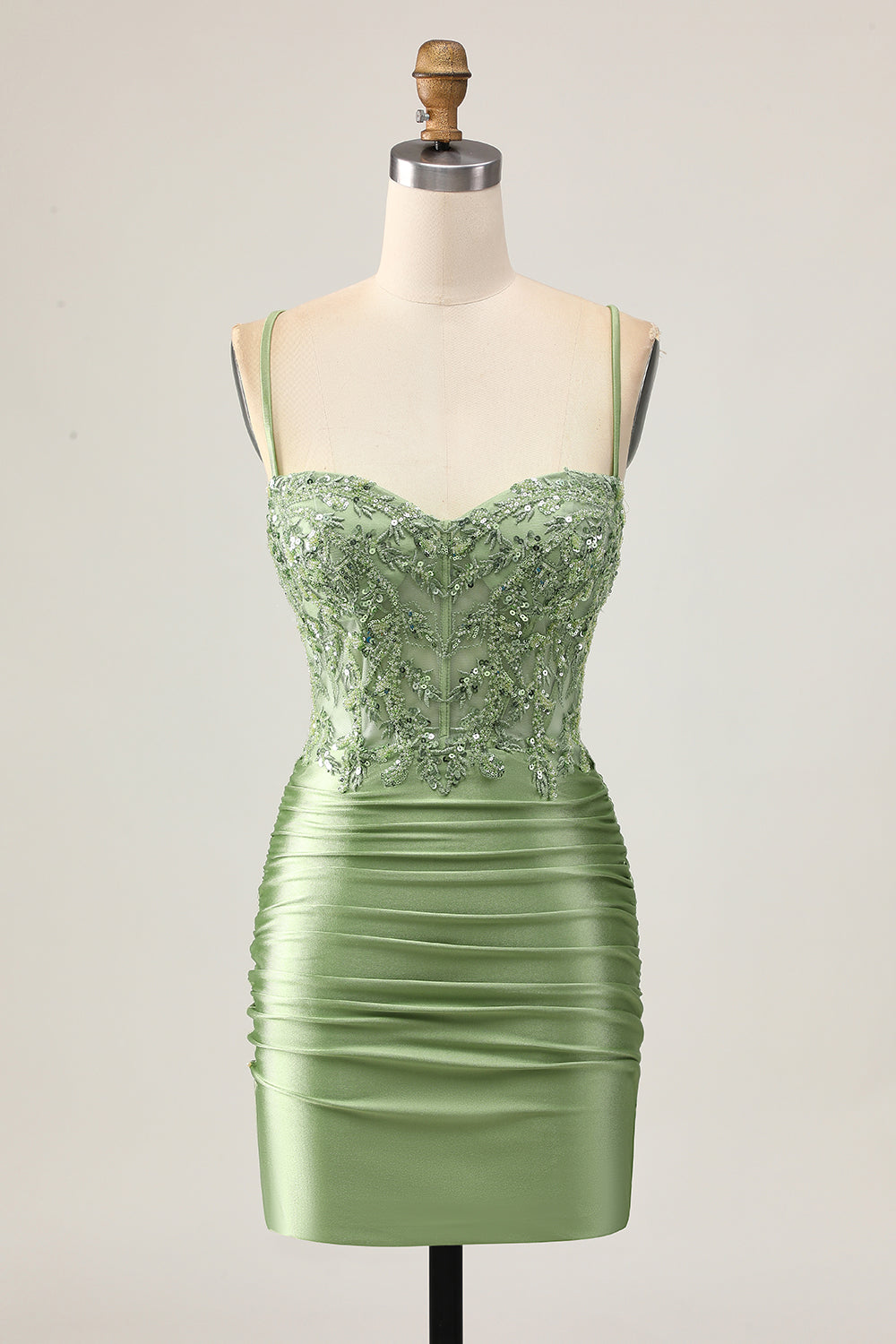 Zapakasa Women Sparkly Sage Green Tight Short Corset Homecoming Dress with Appliques Satin Ruched Spaghetti Straps Lace Up Back Cocktail Dress Zapakasa Women Sparkly Sage Green Tight Short Corset Homecoming Dress with Appliques Satin Ruched Spaghetti Straps Lace Up Back Cocktail Dress