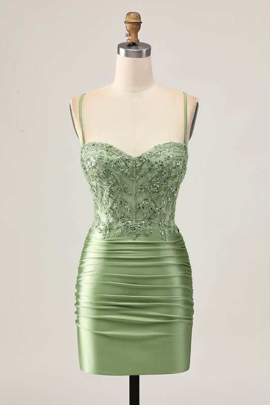 Sparkly Sage Green Tight Short Corset Homecoming Dress with Appliques