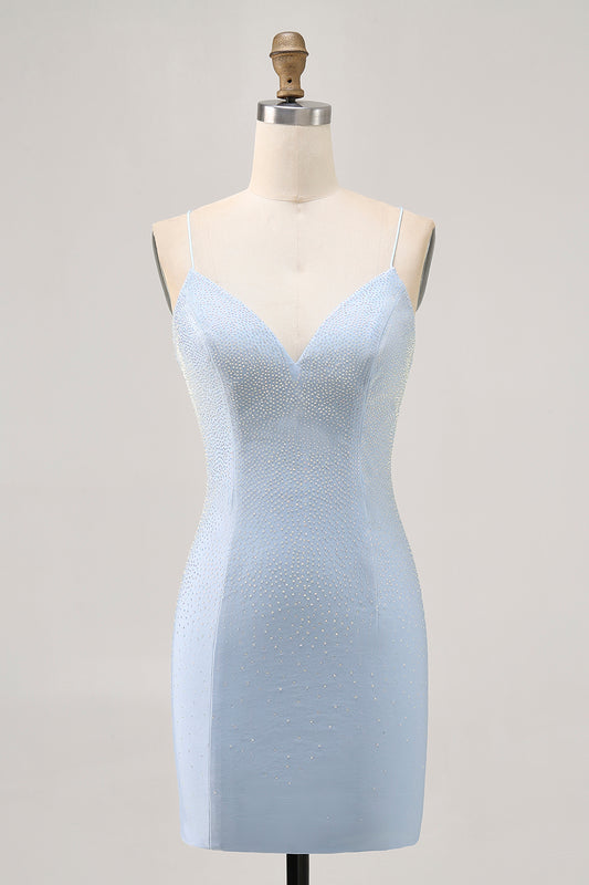Sparkly Light Blue Tight Short Homecoming Dress with Beading