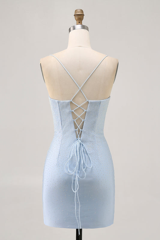 Sparkly Light Blue Tight Short Homecoming Dress with Beading