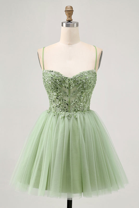 Sparkly Green A Line Corset Short Homecoming Dress with Beading