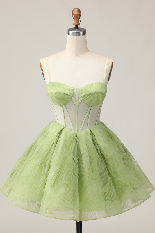 Green Corset A Line Spaghetti Straps Short Homecoming Dress