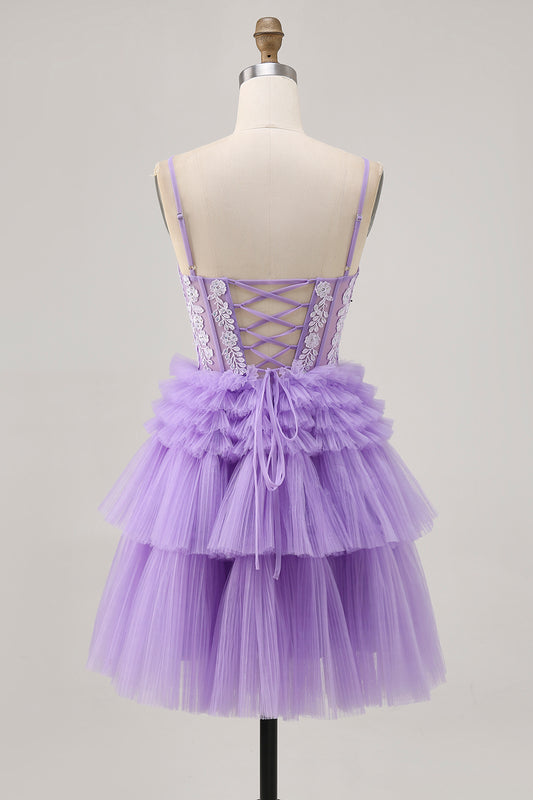 Sparkly Lavender Floral Short Corset Homecoming Dress with Ruffles