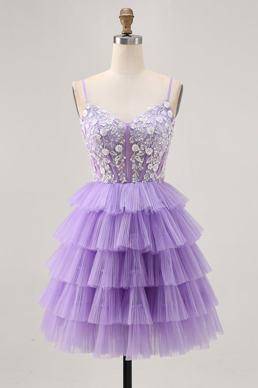 Lavender Floral Corset Short Homecoming Dress with Ruffles