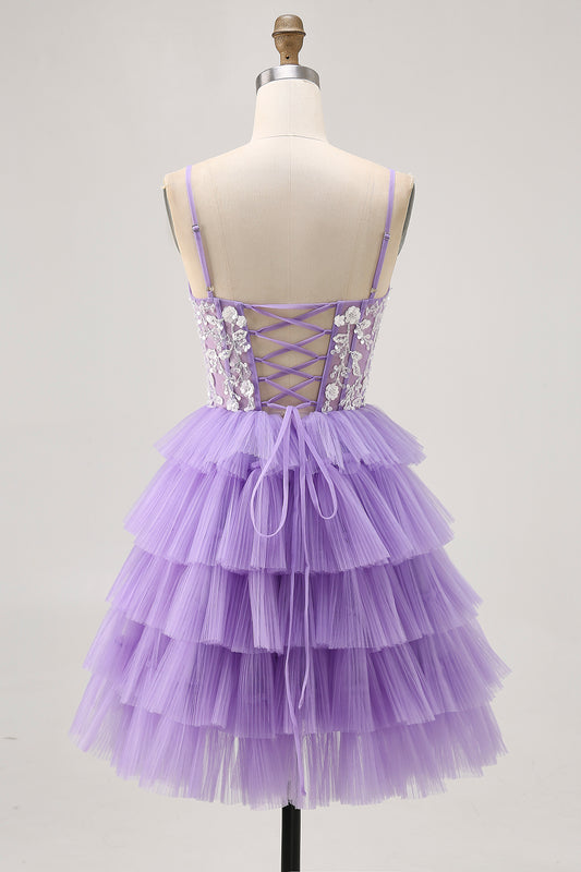 Lavender Floral Corset Short Homecoming Dress with Ruffles