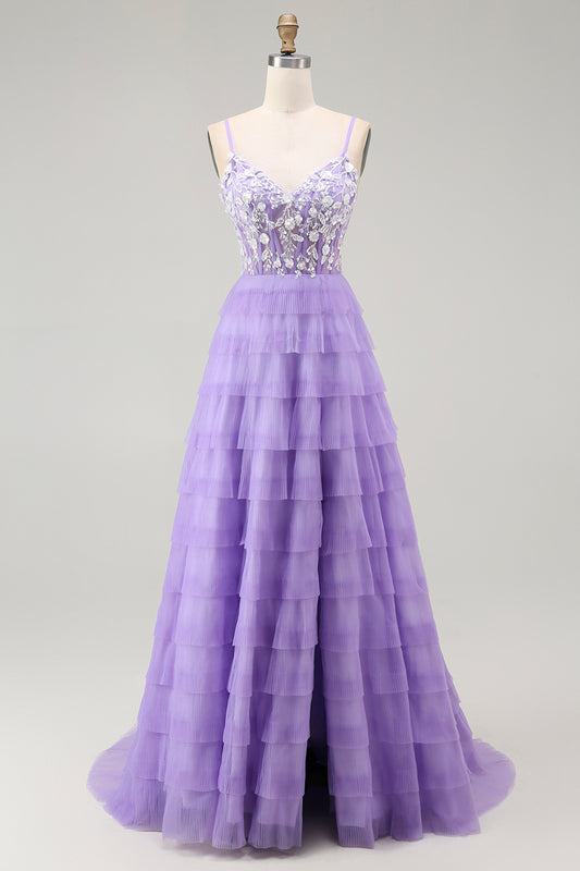 Purple Corset Tiered A Line Long Prom Dress with Sit