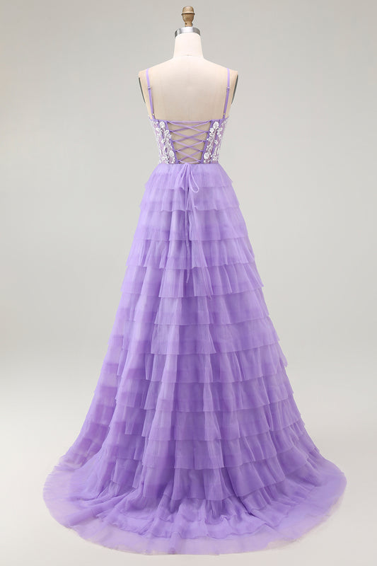 Purple Corset Tiered A Line Long Prom Dress with Sit