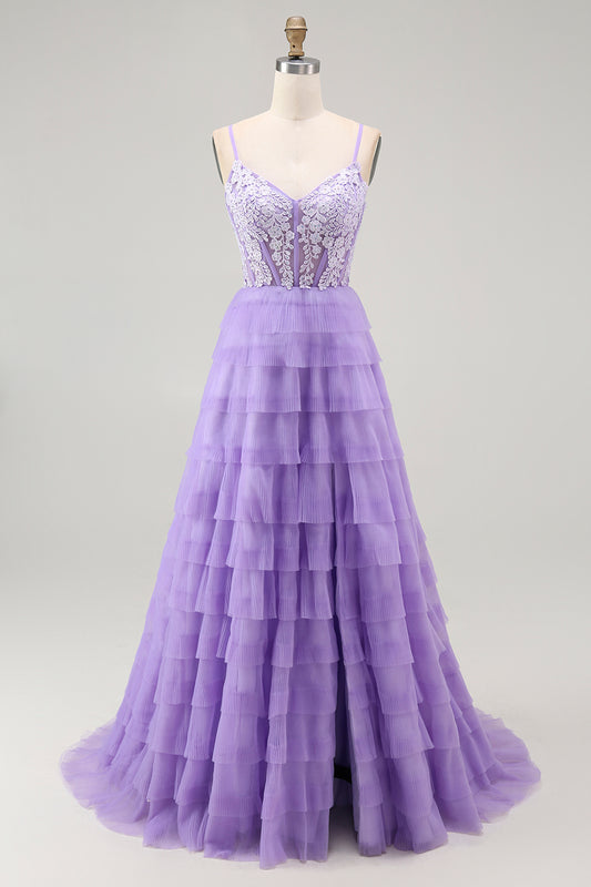 Sparkly Purple Corset Spaghetti Straps Long Tiered Prom Dress with Slit