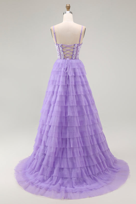 Sparkly Purple Corset Spaghetti Straps Long Tiered Prom Dress with Slit