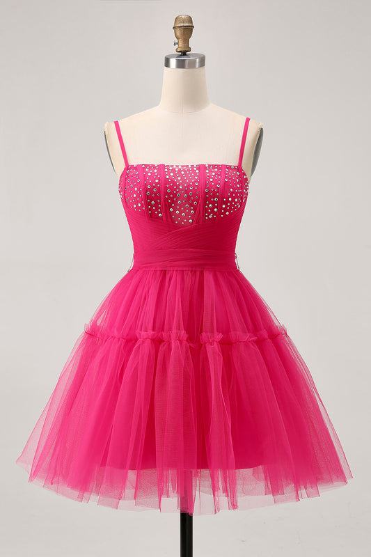 Sparkly Fuchsia Tulle A Line Short Homecoming Dress with Beading
