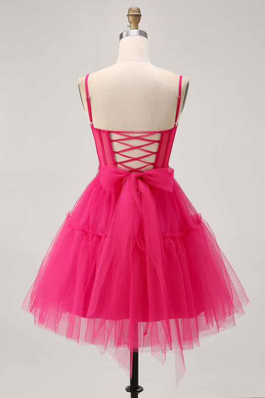 Sparkly Fuchsia Tulle A Line Short Homecoming Dress with Beading