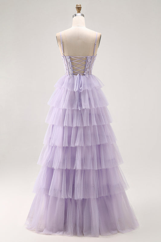 Glitter Lilac Corset A Line Tiered Long Prom Dress with Lace