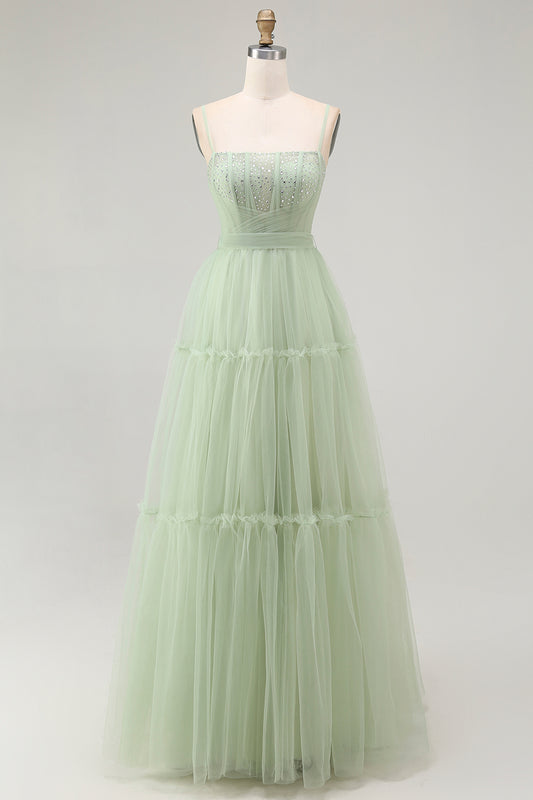 Sparkly Green Corset Beaded A Line Long Prom Dress with Bow