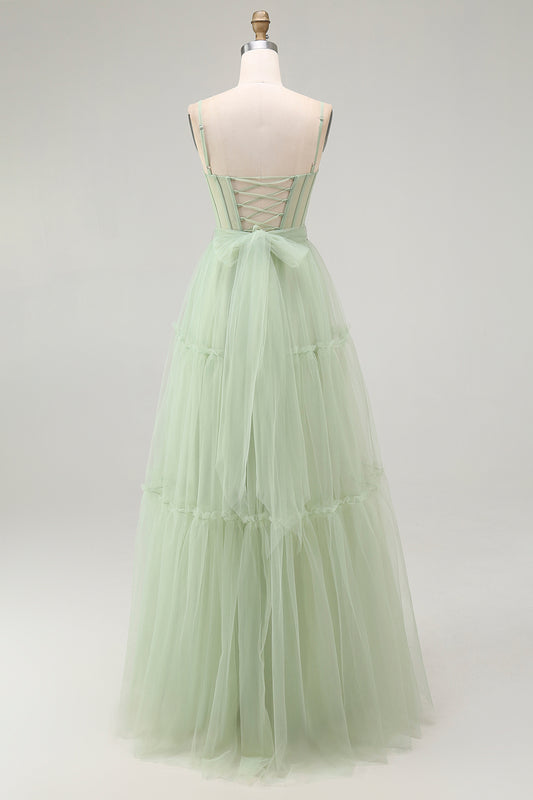 Sparkly Green Corset Beaded A Line Long Prom Dress with Bow