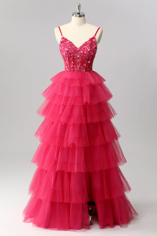 Sparkly Fuchsia Spaghetti Straps Tulle Ruffled A-Line Long Corset Prom Dress with Sequins
