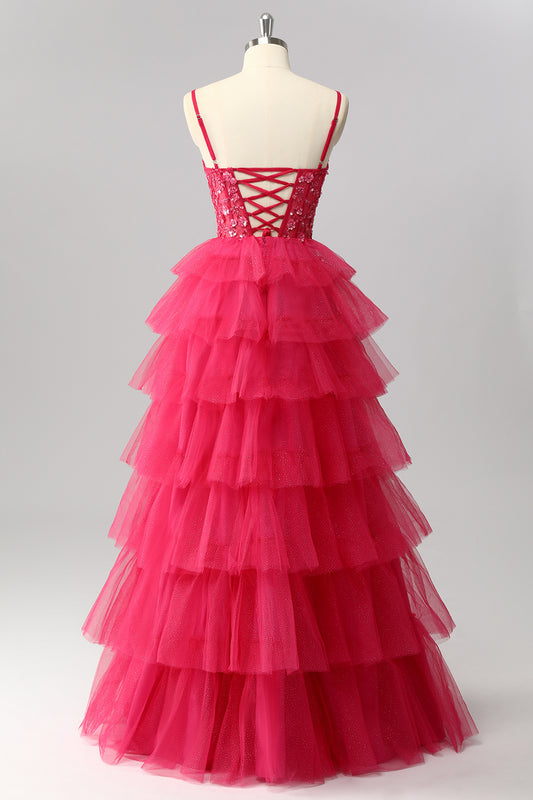Sparkly Fuchsia Spaghetti Straps Tulle Ruffled A-Line Long Corset Prom Dress with Sequins
