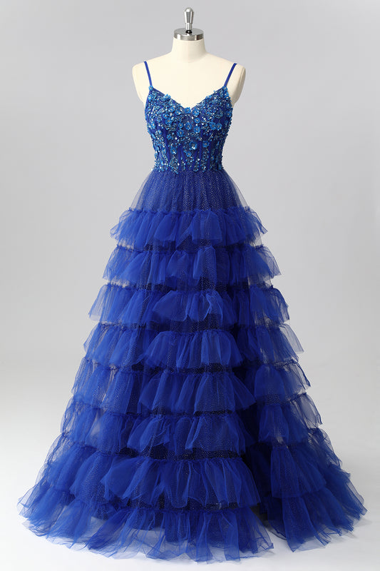 Sparkly Royal Blue Spaghetti Straps Tulle Ruffled A-Line Long Corset Prom Dress with Sequins
