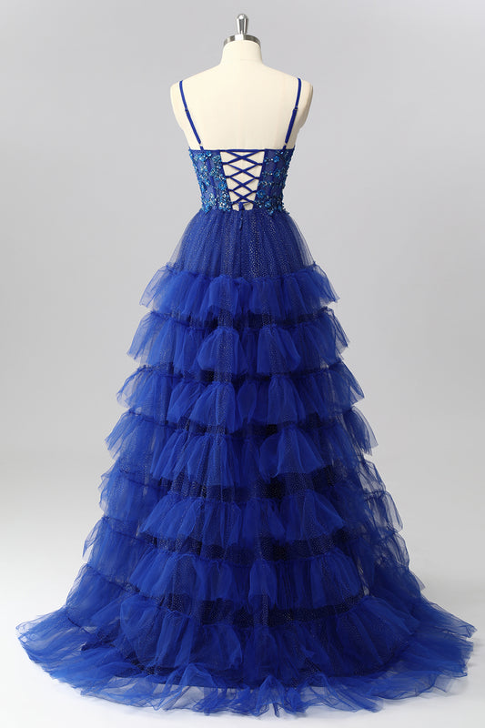 Sparkly Royal Blue Spaghetti Straps Tulle Ruffled A-Line Long Corset Prom Dress with Sequins