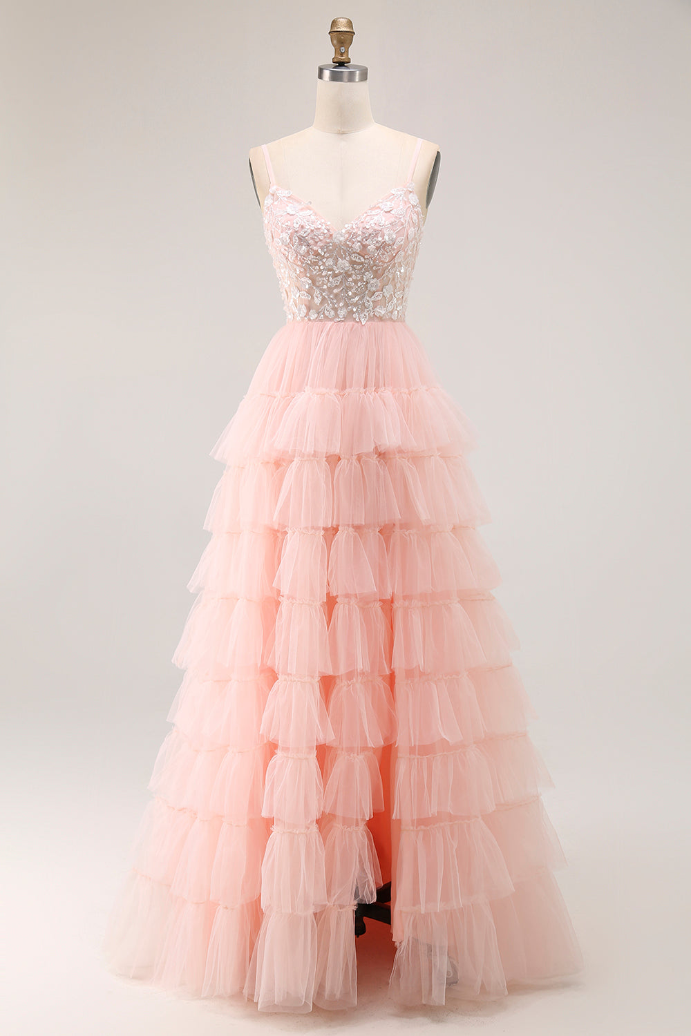 Sparkly Blush Tulle Ruffled Floral A-Line Long Prom Dress with Sequins Sparkly Blush Tulle Ruffled Floral A-Line Long Prom Dress with Sequins