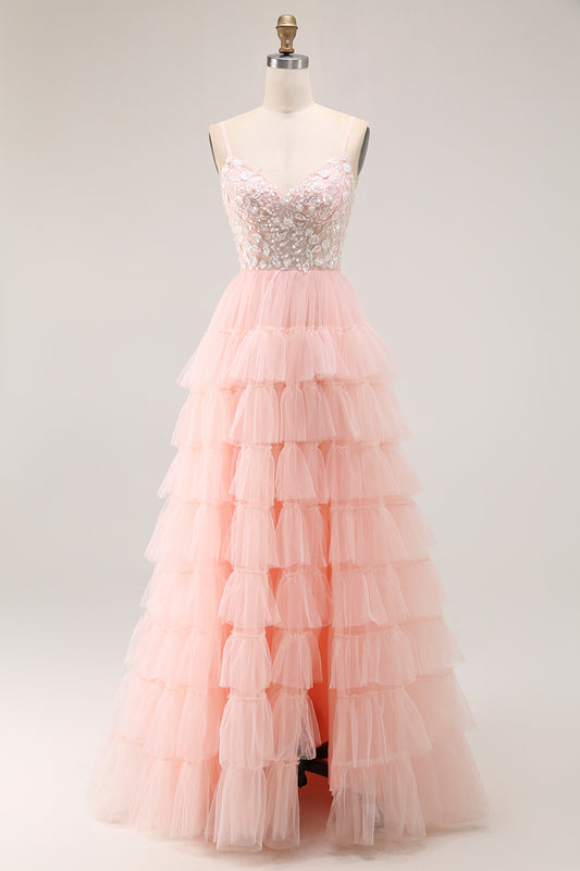 Sparkly Blush Tulle Ruffled Floral A-Line Long Prom Dress with Sequins