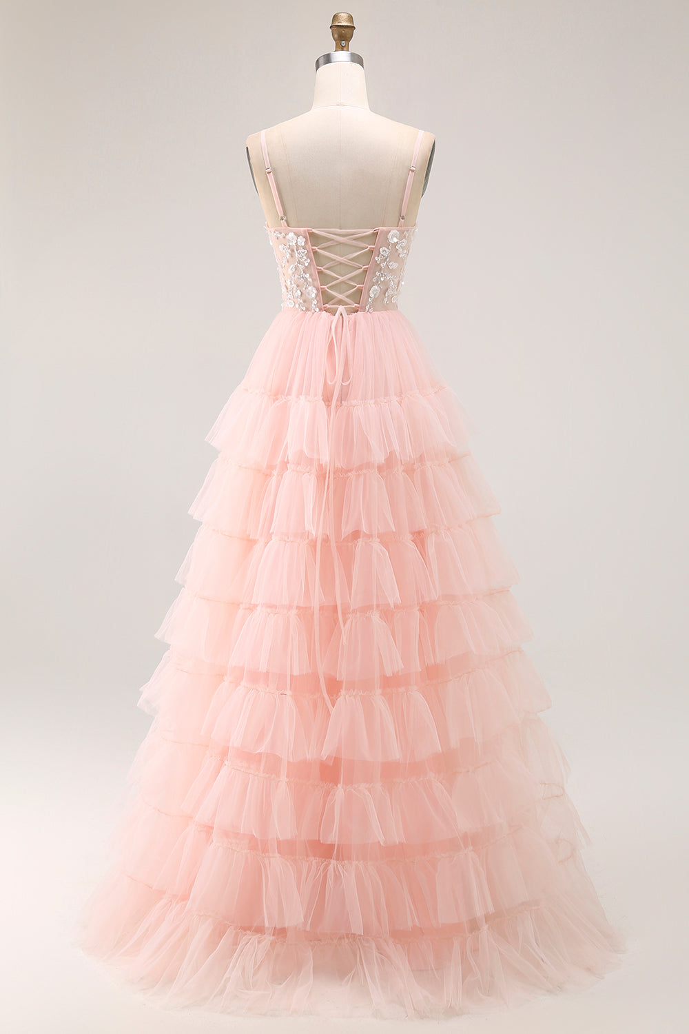 Sparkly Blush Tulle Ruffled Floral A-Line Long Prom Dress with Sequins Sparkly Blush Tulle Ruffled Floral A-Line Long Prom Dress with Sequins